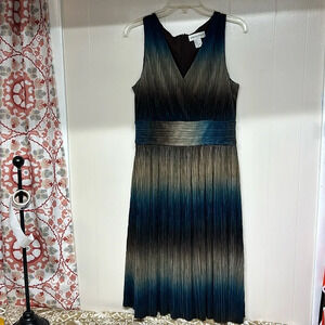 Newport News Sleeveless Midi Dress 16 Large SHINY Teal Blue Brown CRINKLE RawHem